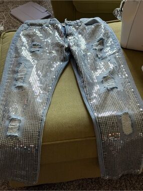 Womens Light Blue Distressed Sequin Jeans